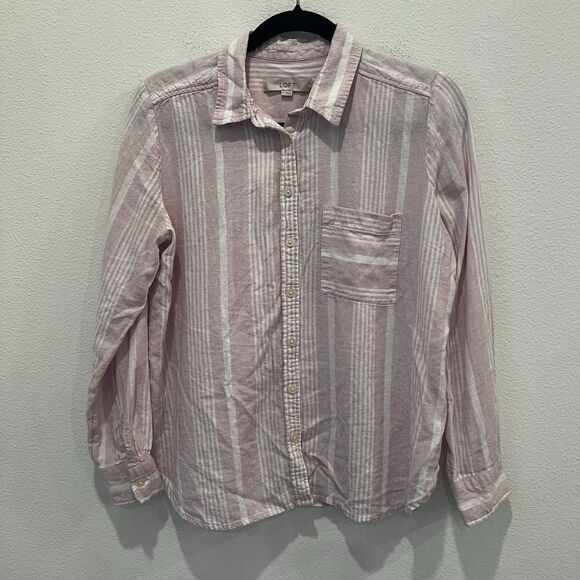 Loft Button Down Shirt Women's M Pink White Stripe Linen Blend Classic Coastal - Picture 1 of 6